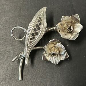 Vintage MCM Silver Tone Floral Bouquet Rose Daffodil Brooch